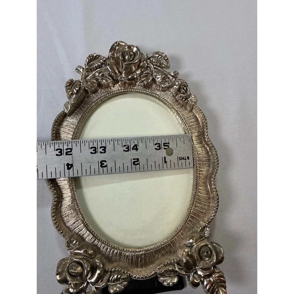 Vintage Ornate Rose Floral Oval Photo Frame Gold Silver Tone Metallic 4x6 Small